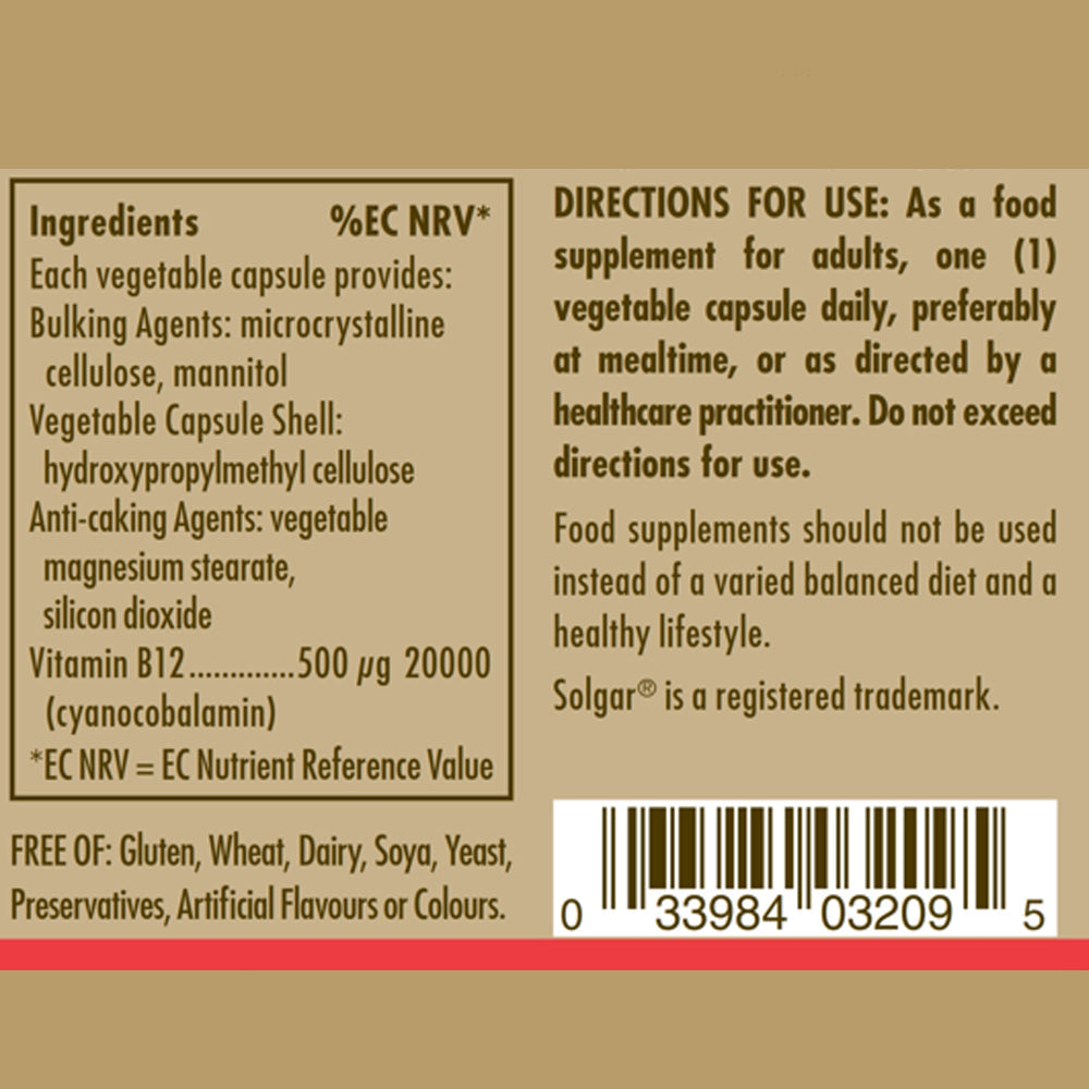 Solgar Vitamin B12 500 mcg Vegetable Capsules - Pack of 50